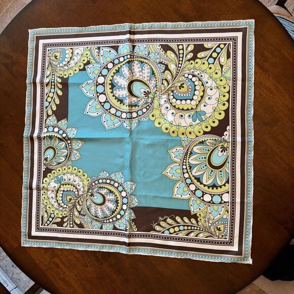 Vera Bradley Ladies 27" Scarf Turquoise Blue Brown Green Paisley Silk - Picture 1 of 7